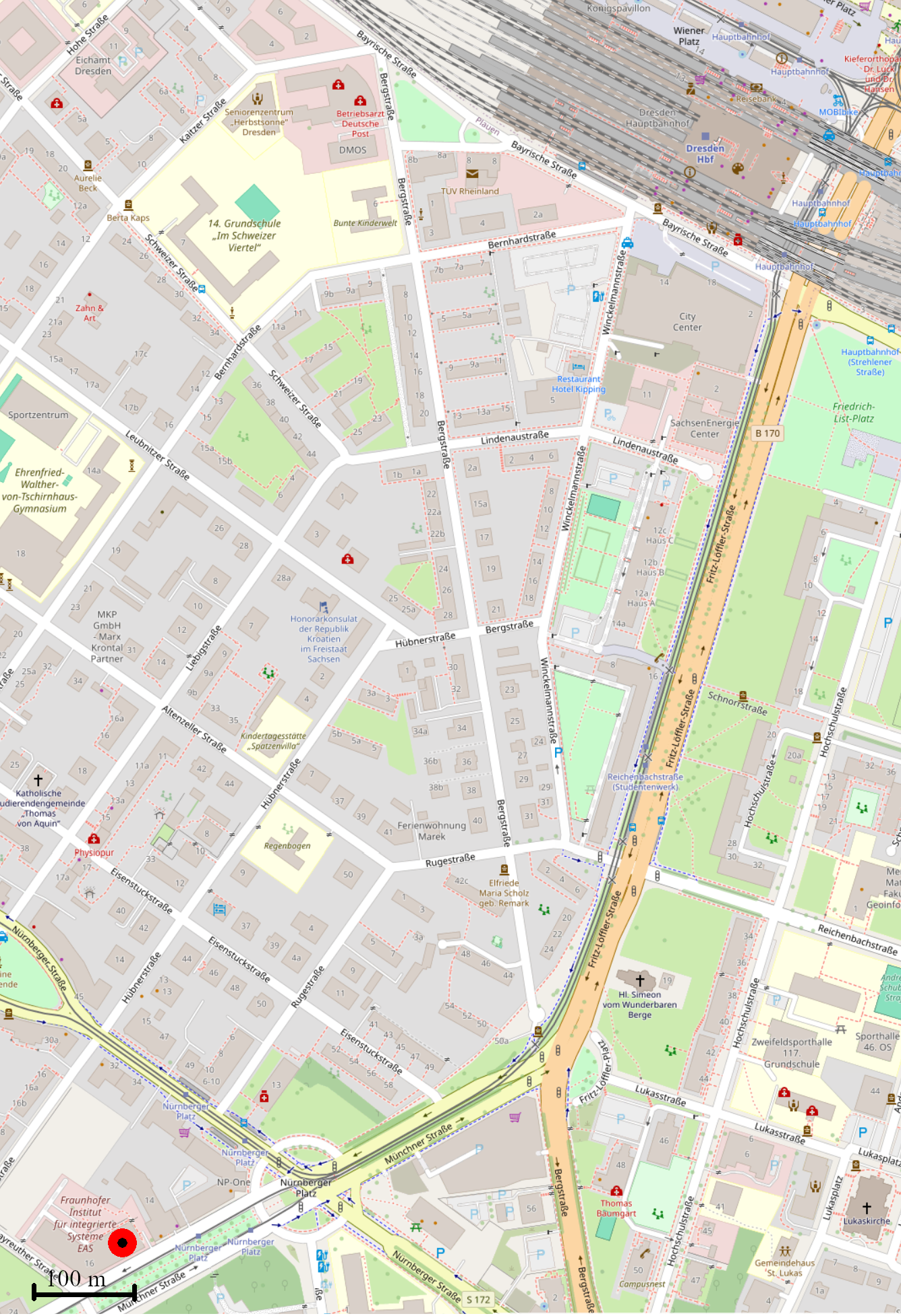 Map to Fraunhofer IIS/EAS from main train station (from openstreetmap)